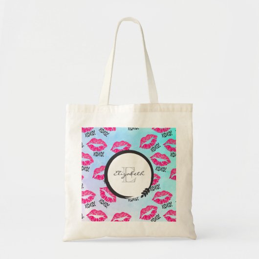 XOXO patroon met roze Kissy Lips met monogram Tote Bag (Voorkant)