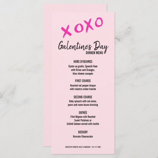 XOXO Pink girly Galentine's feestdiner Menu (Voorkant / Achterkant)