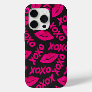 XOXO Quote Black Neon Pink Lipstick Patroon iPhone 15 Pro Case