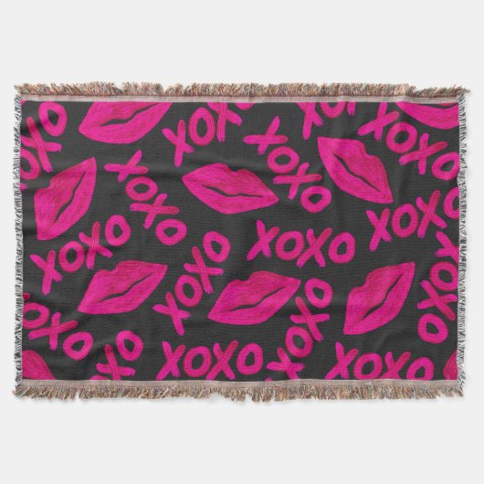XOXO Quote Black Neon Pink Lipstick Patroon Deken (Voorkant)