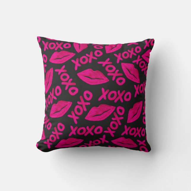 XOXO Quote Black Neon Pink Lipstick Patroon Kussen (Voorkant)