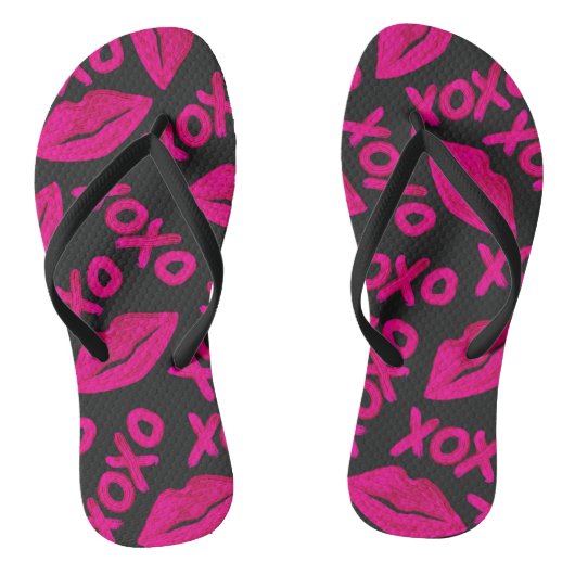 XOXO Quote Black Neon Pink Lipstick Patroon Teenslippers (Voetbed)