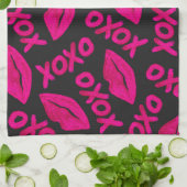 XOXO Quote Black Neon Pink Lipstick Patroon Theedoek (Gevouwen)