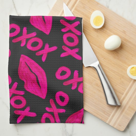 XOXO Quote Black Neon Pink Lipstick Patroon Theedoek (Quarter Fold)
