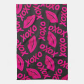 XOXO Quote Black Neon Pink Lipstick Patroon Theedoek (Verticaal)