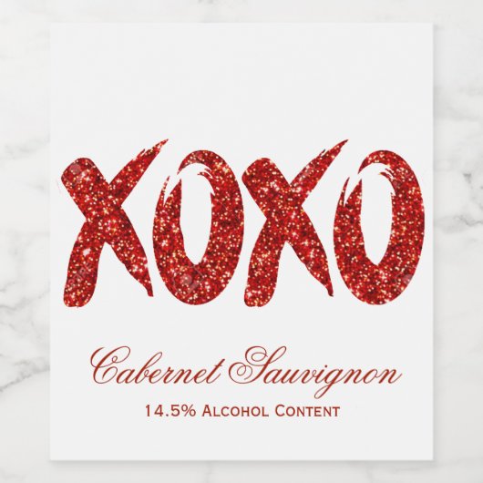XOXO Red Glitter | Glam Brushstroke Hug en Kisses Wijn Etiket (Enkel label)
