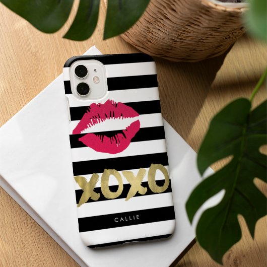 XOXO Roze Lip Print Black & White Stripe Case-Mate iPhone Case