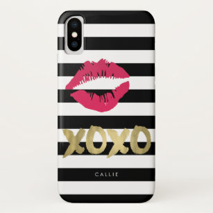 XOXO Roze Lip Print Black & White Stripe Case-Mate iPhone Case