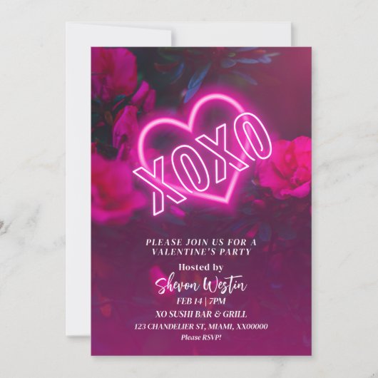 XOXO Roze Neon Hart Valentijn Party Uitnodiging (Voorkant)