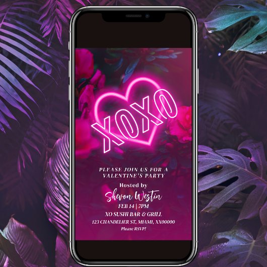 XOXO Roze Neon Hart Valentijn Party Uitnodiging