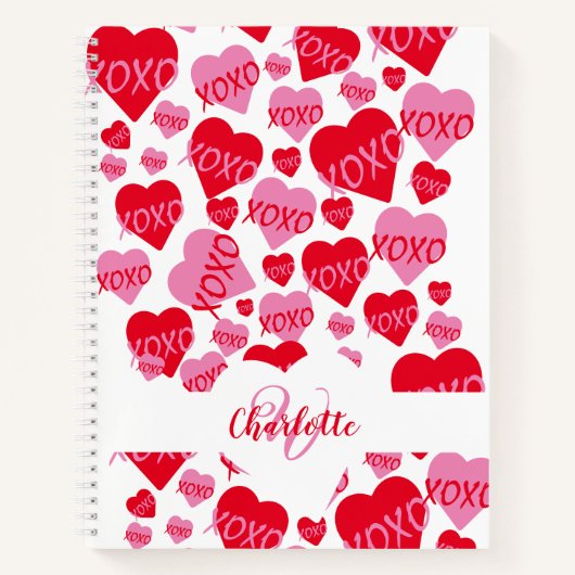 XOXO roze rood hart patroon monogram liefde Notitieboek (Voorkant)