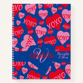 XOXO Roze Rood Hart Patroon Monogram Love Blauw Notitieboek
