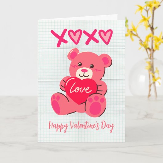 XOXO roze teddybeer liefde hart valentijnsdag Kaart (Gele Bloem)
