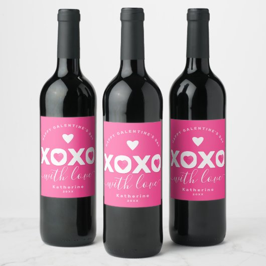 XOXO Roze White Happy Galentine's Day Custom Name Wijn Etiket (Flessen)
