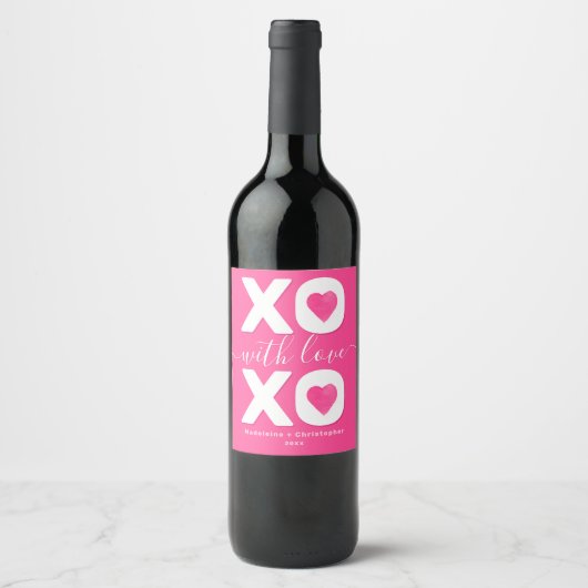 XOXO Roze White Happy Valentine's Day Custom Name Wijn Etiket (Voorkant)