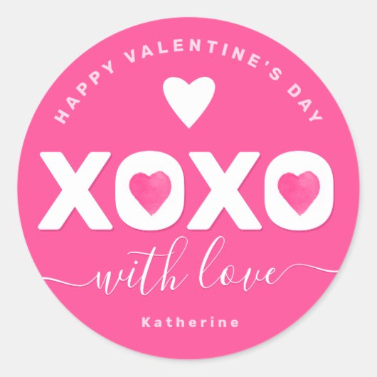 XOXO roze witte Valentijnsdag Jouw naam Aangepast Ronde Sticker (Voorkant)