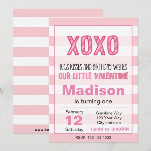 XOXO Valentijn Birthday Invitation (roze) Kaart (Voorkant / Achterkant)