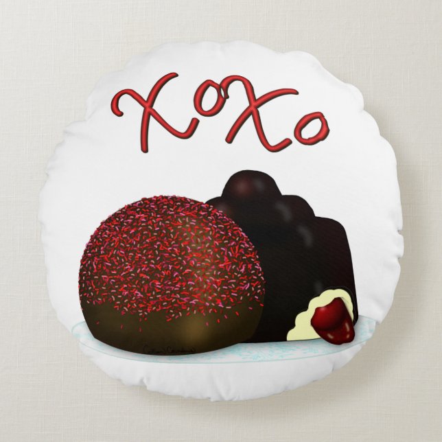 XOXO Valentijn Bonbon en Dark Chocolate Rond Kussen (Voorkant)