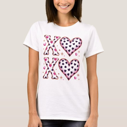 XOXO Valentine Hearts Leopard Pink Preppy Pattern T-shirt (Voorkant)