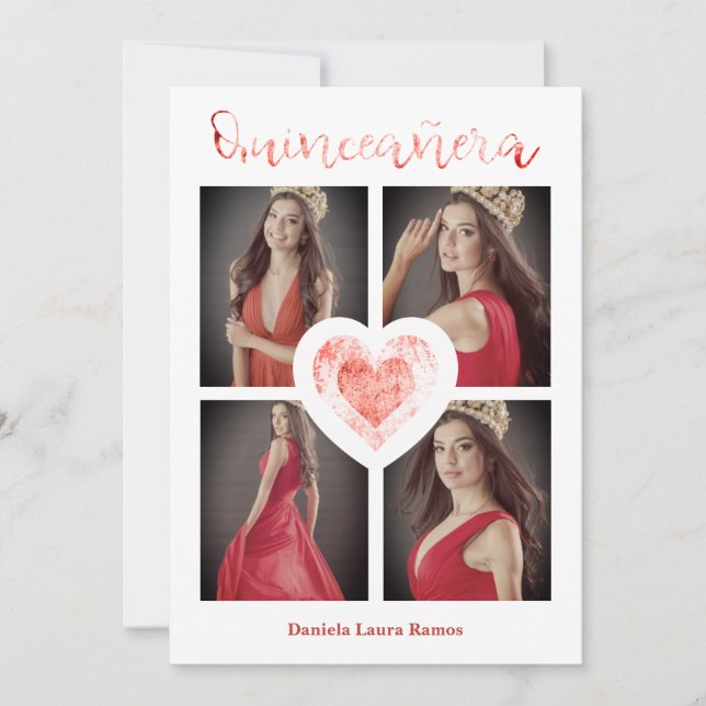 XV Años Español Foto Moderna Corazón Rojo Textura (Voorkant)