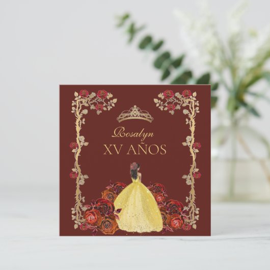 xv JAAR Goud en Bourgondië Rode Roos Quinceañera Kaart (Staand voorkant)