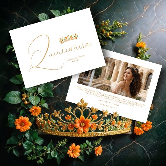 XVs Sophisticated Colorful Tiara & Elegant Script Bedankkaart