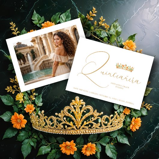 XVs Sophisticated Colorful Tiara & Elegant Script Save The Date