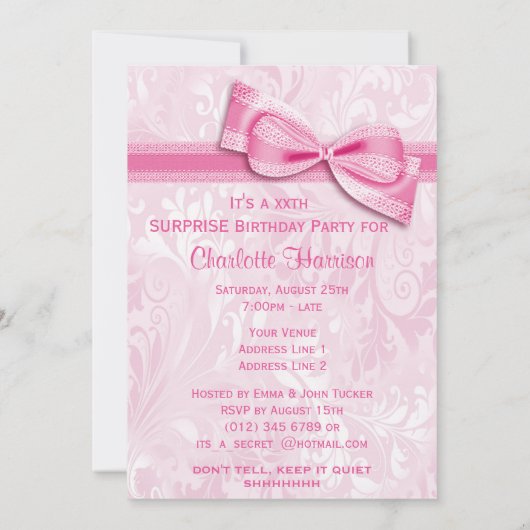 XX VERRASSING Verjaardagsfeest Roze Damast en Boog Kaart (Achterkant)