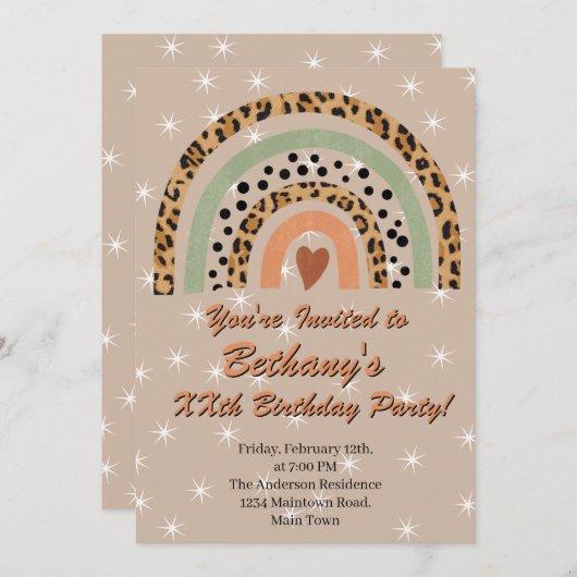 XXe Leopard Print Boho Rainbow Birthday Party Kaart (Voorkant / Achterkant)