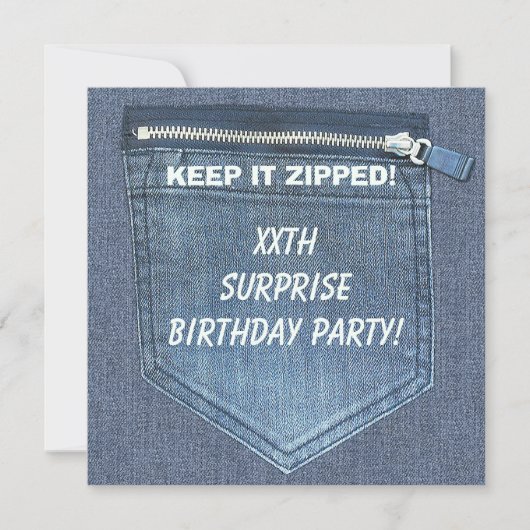 XXe URPRISE Birthday Party Keep it Zipped Denim Kaart (Voorkant)