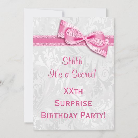 XXe ZURPRISE Birthday Party Damask & Pink Bow Kaart (Voorkant)