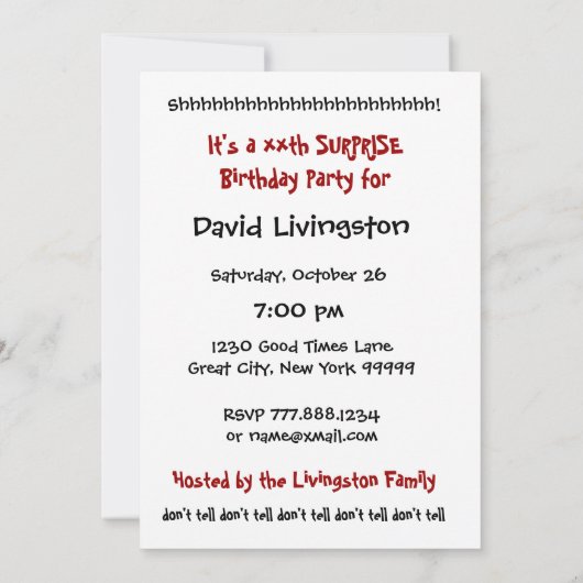 xxxxx SURPRISE Birthday Party Invitation Sjabloon Kaart (Achterkant)