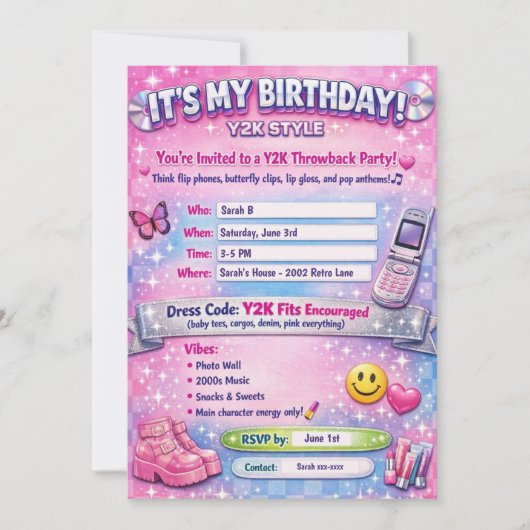 Y2K 2000's Birthday Party Invitation Kaart (Voorkant)