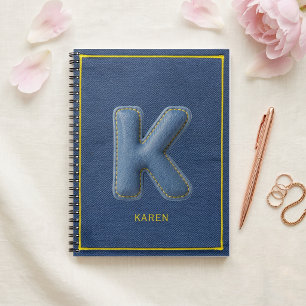 Y2K Blauwe Denim 3D Puff Letter K Monogram Naam Notitieboek