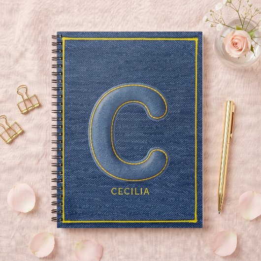 Y2K Blauwe Denim Puffy Letter C Monogram Naam Notitieboek