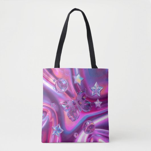 Y2K Chrome Butterfly Tote Bag | Holographic Pink (Voorkant)
