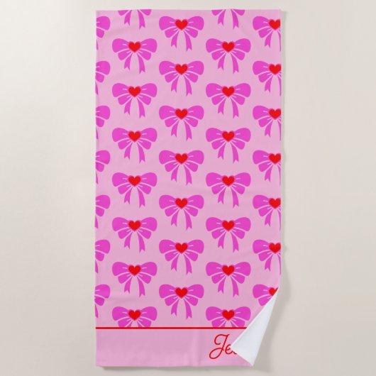 Y2K Coquette Lint Patroon Rood & Roze Preppy Naam Strandlaken (Voorkant)