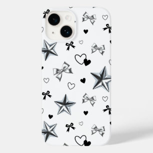 Y2K Dark Coquette Zilveren Ster Lint Hart Patroon Case-Mate iPhone 14 Hoesje