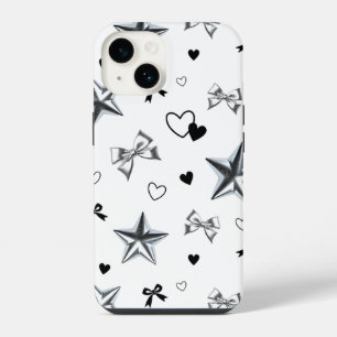 Y2K Dark Coquette Zilveren Ster Lint Hart Patroon iPhone 14 Hoesje