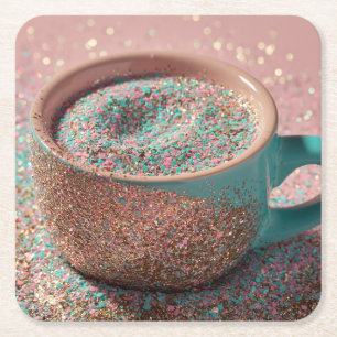 Y2K Glitterende Pastel Roze en Turquoise Glazen Be Kartonnen Onderzetters