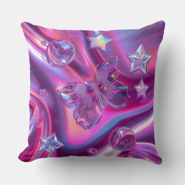 Y2K Holographic Throw Pillow | Hot Pink & Chrome Kussen (Voorkant)