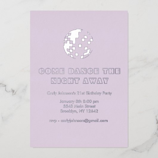 Y2K Metallic Silver Paarse Disco 21e verjaardag Folie Uitnodiging (Voorkant)