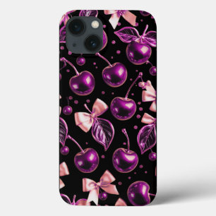 Y2K Paarse Glanzende Kersenpatroon Zwarte iPhone H Case-Mate iPhone Case