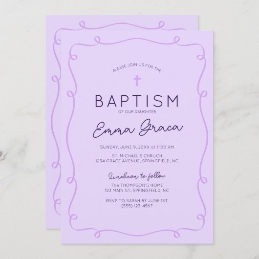 Y2K Paarse grillige hand getrokken doop uitnodigin Kaart (Voorkant / Achterkant)