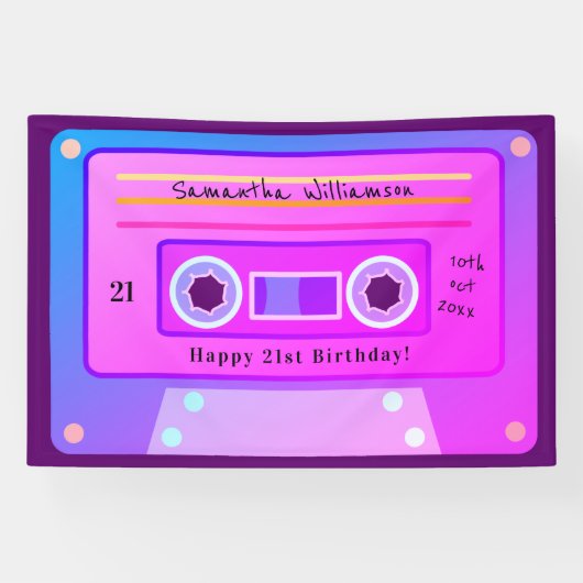 Y2k Roze Blauw Paarse Cassette 21ste Verjaardagsfe Spandoek (Horizontaal)