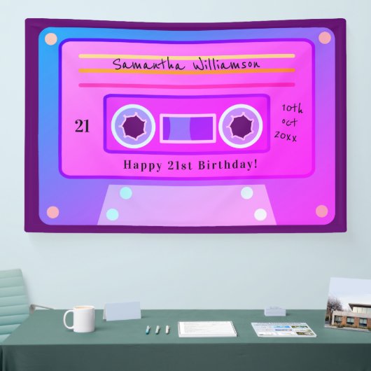 Y2k Roze Blauw Paarse Cassette 21ste Verjaardagsfe Spandoek (Beurs)
