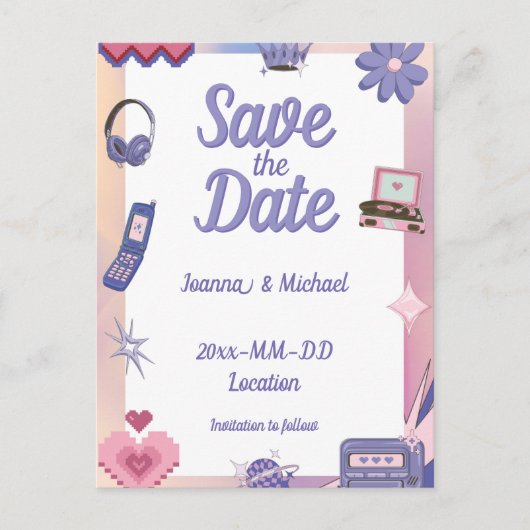 Y2K Roze Paarse 2000s Retro Tech De datum opslaan Briefkaart (Voorkant)