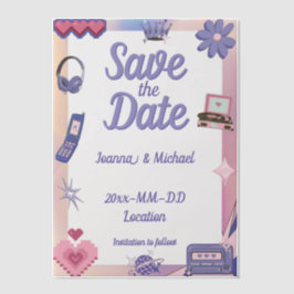 Y2K Roze Paarse 2000s Retro Tech Geek Liefde Bruil Vellum Uitnodigingen