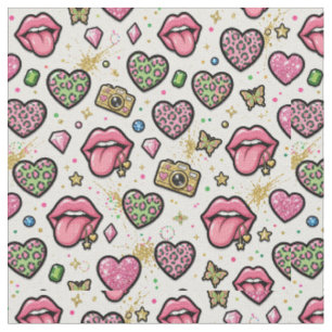 Y2K Stof met Roze Harten en Lippen Patroon Collage
