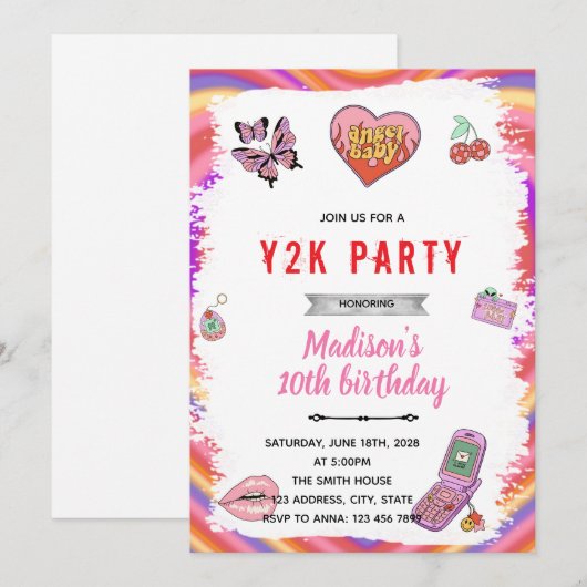 Y2K-uitnodiging voor verjaardagsfeestje Kaart (Voorkant / Achterkant)